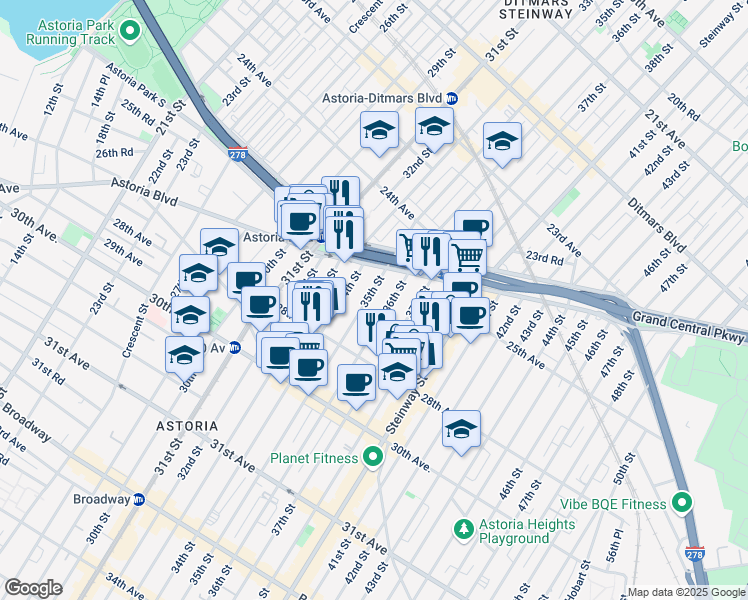 map of restaurants, bars, coffee shops, grocery stores, and more near 25-37 35th Street in Queens