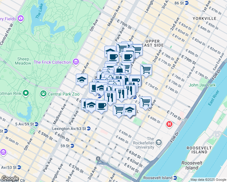 map of restaurants, bars, coffee shops, grocery stores, and more near 201 East 69th Street in New York