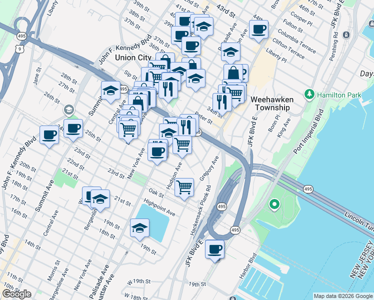 map of restaurants, bars, coffee shops, grocery stores, and more near 562 Hudson Avenue in Weehawken Township
