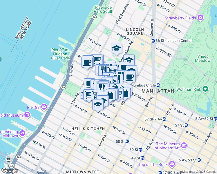 map of restaurants, bars, coffee shops, grocery stores, and more near in New York