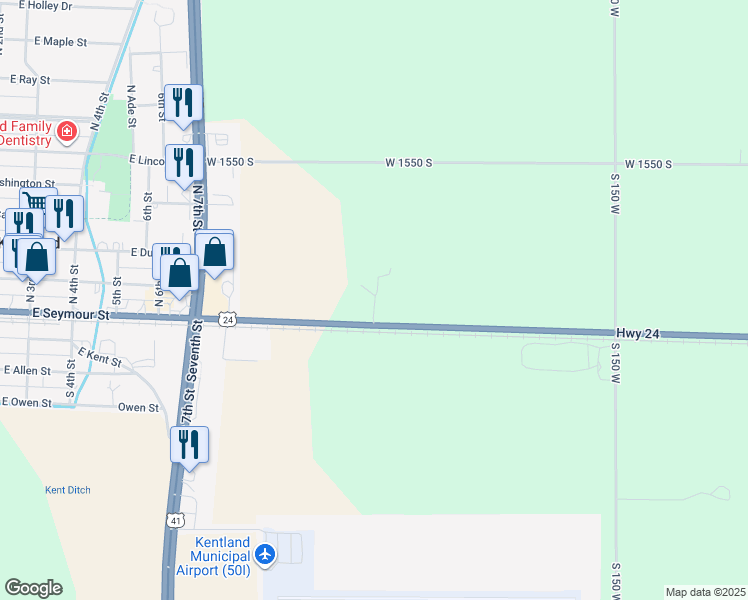 map of restaurants, bars, coffee shops, grocery stores, and more near 2032 U.S. 24 in Kentland