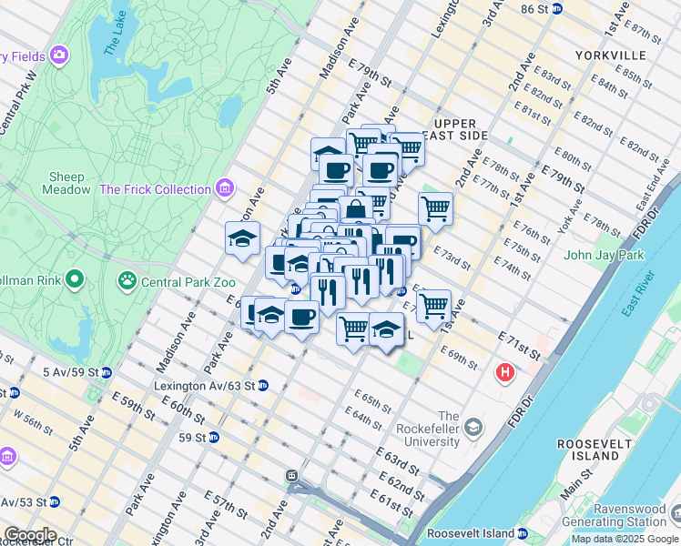 map of restaurants, bars, coffee shops, grocery stores, and more near 188 East 70th Street in New York