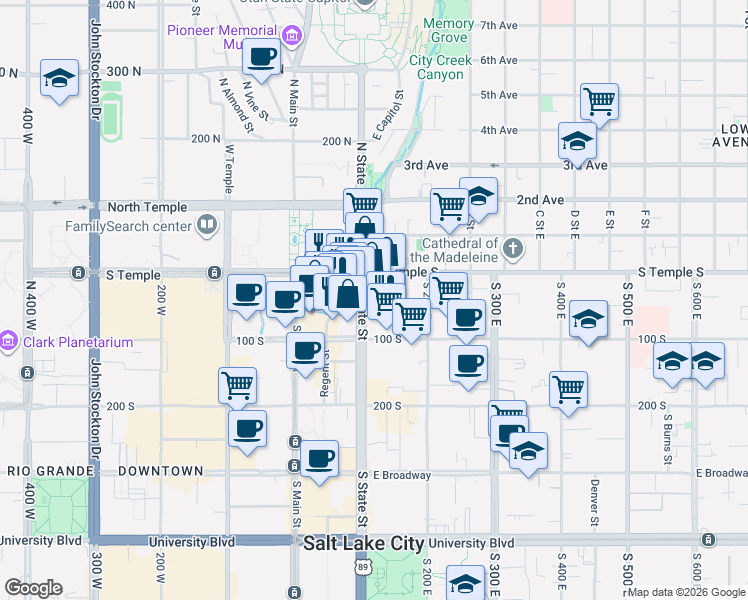 map of restaurants, bars, coffee shops, grocery stores, and more near 29 South State Street in Salt Lake City