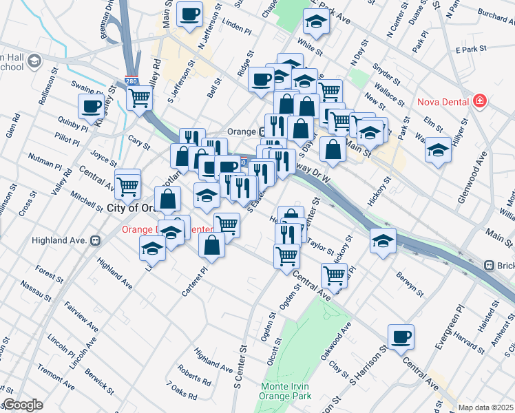map of restaurants, bars, coffee shops, grocery stores, and more near 313 Henry Street in City of Orange