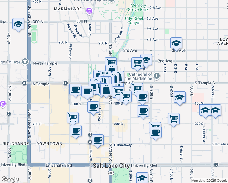 map of restaurants, bars, coffee shops, grocery stores, and more near 29 South State Street in Salt Lake City