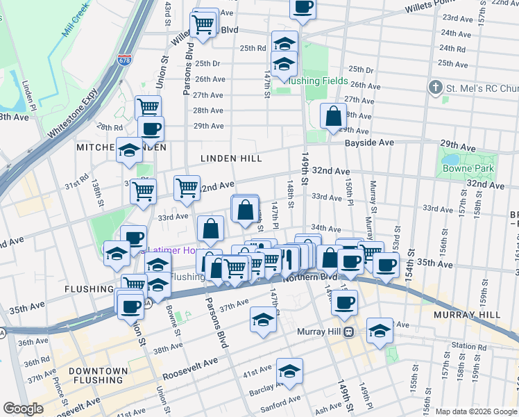 map of restaurants, bars, coffee shops, grocery stores, and more near 147-18 33rd Avenue in Queens