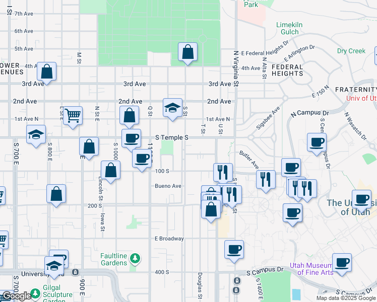 map of restaurants, bars, coffee shops, grocery stores, and more near 33 South 1200 East in Salt Lake City