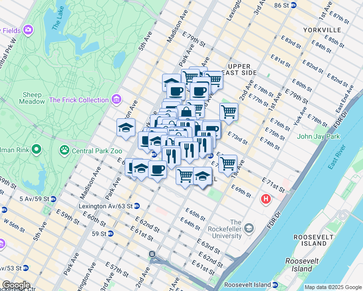 map of restaurants, bars, coffee shops, grocery stores, and more near 195 East 70th Street in New York