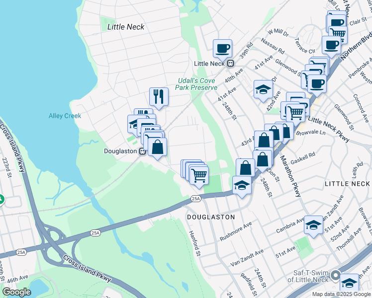 map of restaurants, bars, coffee shops, grocery stores, and more near 240-42 42nd Avenue in Queens