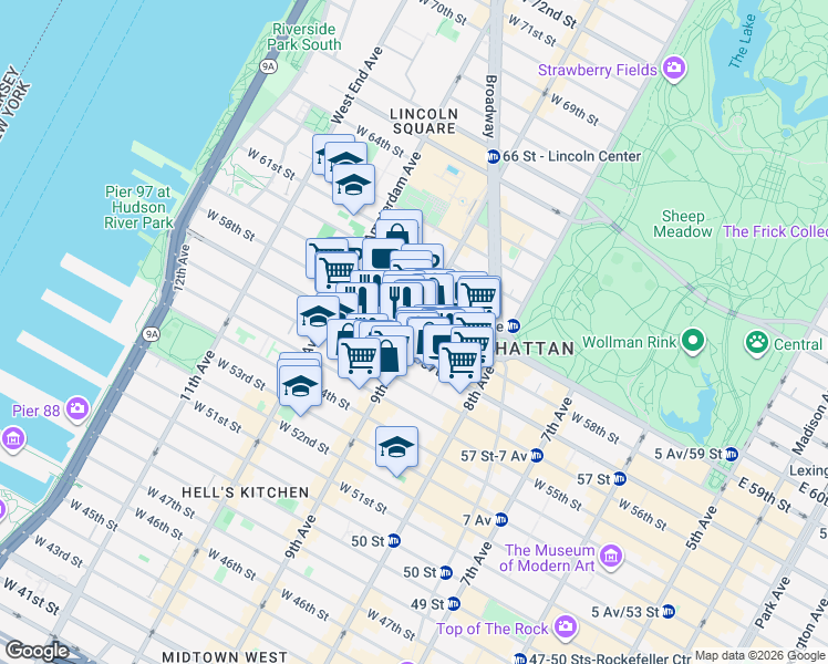 map of restaurants, bars, coffee shops, grocery stores, and more near 871 9th Avenue in New York