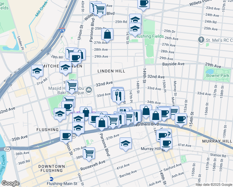 map of restaurants, bars, coffee shops, grocery stores, and more near 33-01 146th Street in Queens