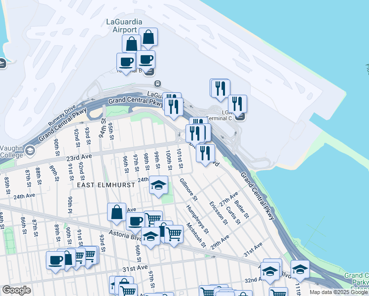 map of restaurants, bars, coffee shops, grocery stores, and more near 23-10 102nd Street in Queens
