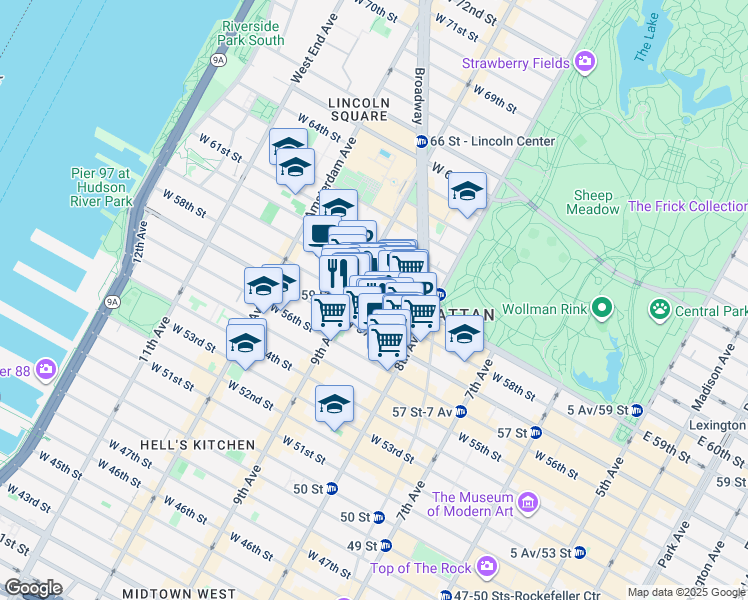 map of restaurants, bars, coffee shops, grocery stores, and more near 343 West 58th Street in New York