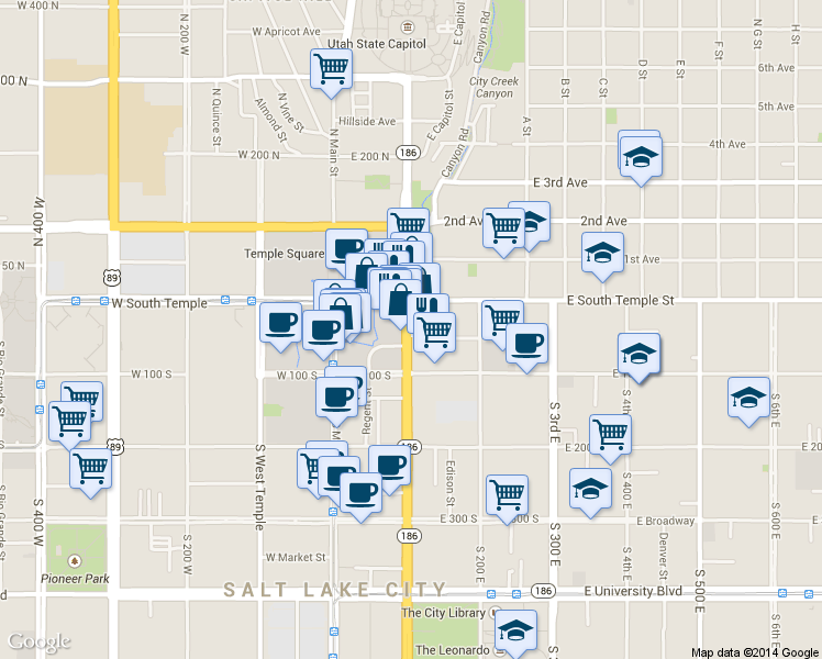 map of restaurants, bars, coffee shops, grocery stores, and more near 29 South State Street in Salt Lake City