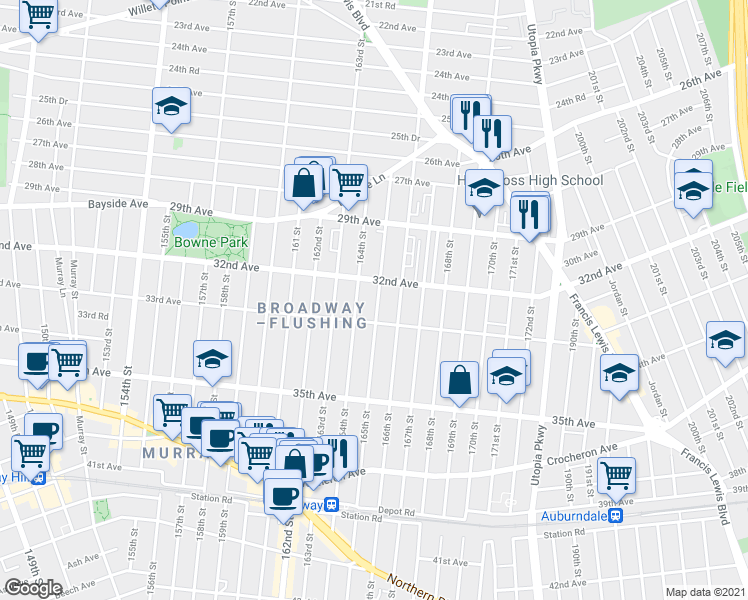 map of restaurants, bars, coffee shops, grocery stores, and more near 32-20 165th Street in Queens