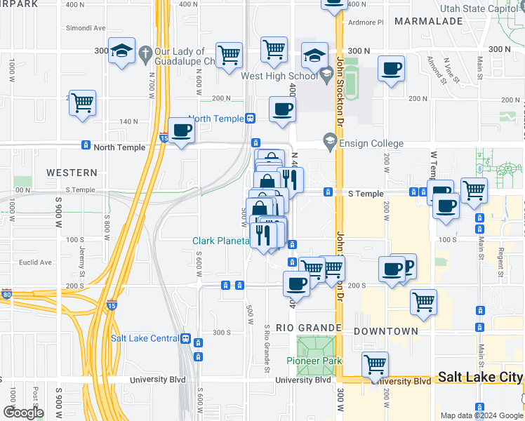 map of restaurants, bars, coffee shops, grocery stores, and more near 5 500 West in Salt Lake City