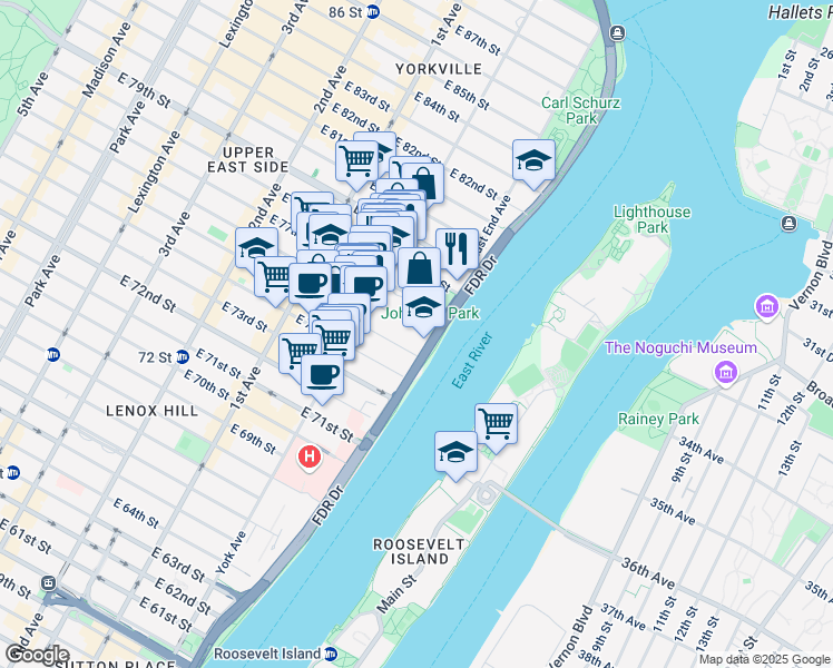 map of restaurants, bars, coffee shops, grocery stores, and more near 530 East 76th Street in New York