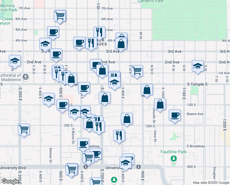 map of restaurants, bars, coffee shops, grocery stores, and more near 40 South 800 East in Salt Lake City