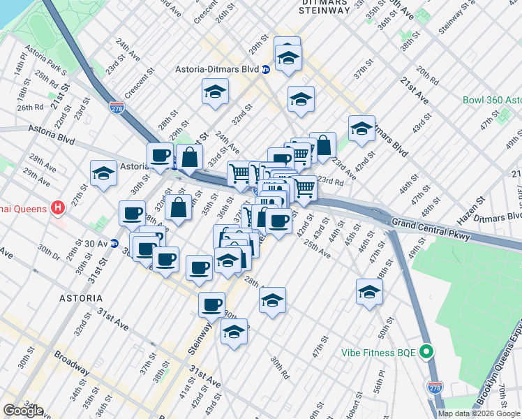 map of restaurants, bars, coffee shops, grocery stores, and more near 2512 Steinway Street in Queens