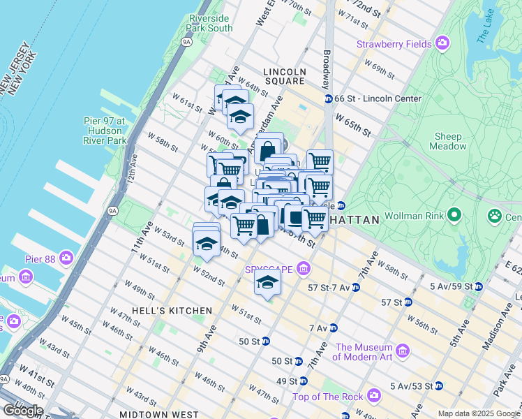 map of restaurants, bars, coffee shops, grocery stores, and more near 871 9th Avenue in New York
