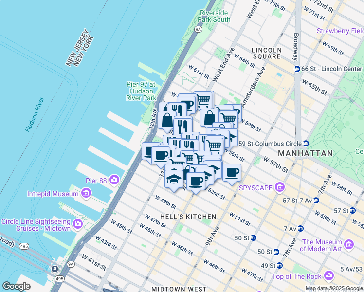 map of restaurants, bars, coffee shops, grocery stores, and more near 790 11th Avenue in New York