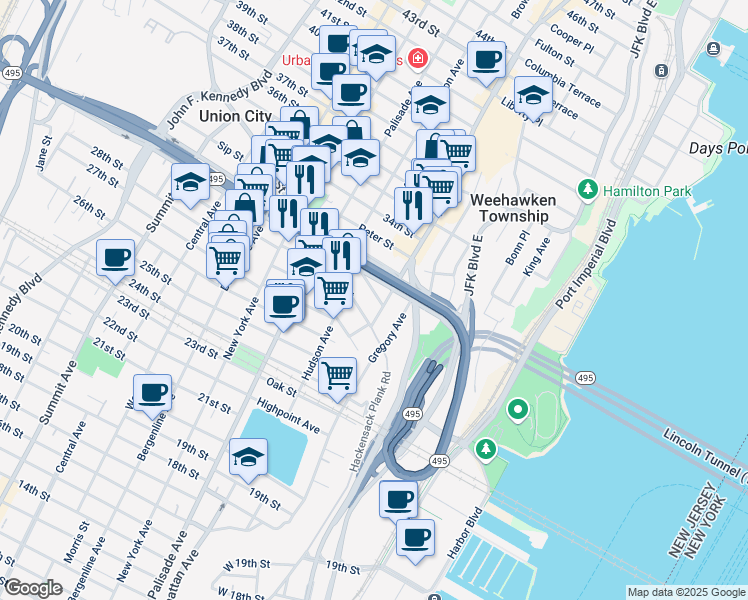 map of restaurants, bars, coffee shops, grocery stores, and more near 106 33rd Street in Union City