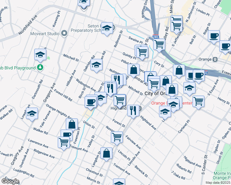 map of restaurants, bars, coffee shops, grocery stores, and more near 573 Valley Road in West Orange