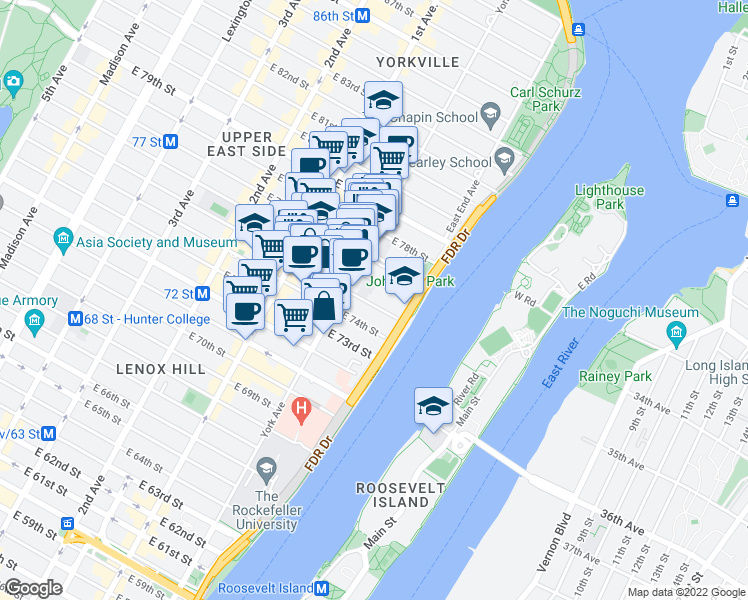 map of restaurants, bars, coffee shops, grocery stores, and more near 517 East 75th Street in New York