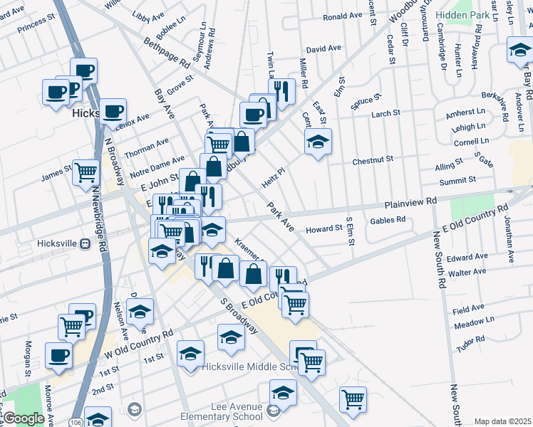 map of restaurants, bars, coffee shops, grocery stores, and more near 132 East Marie Street in Hicksville