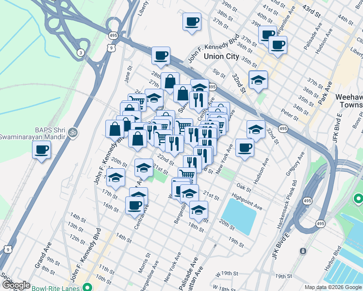 map of restaurants, bars, coffee shops, grocery stores, and more near in Union City