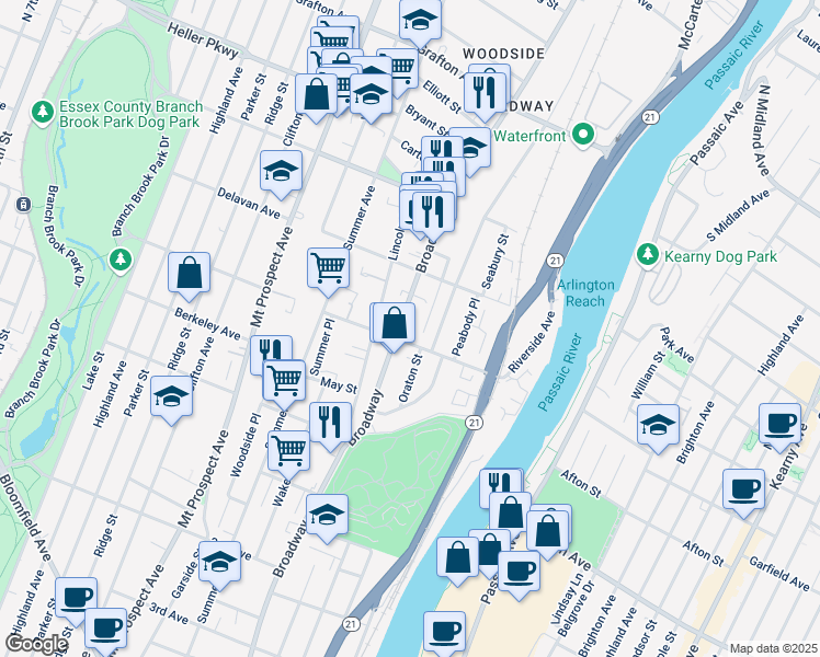 map of restaurants, bars, coffee shops, grocery stores, and more near 529 Broadway in Newark