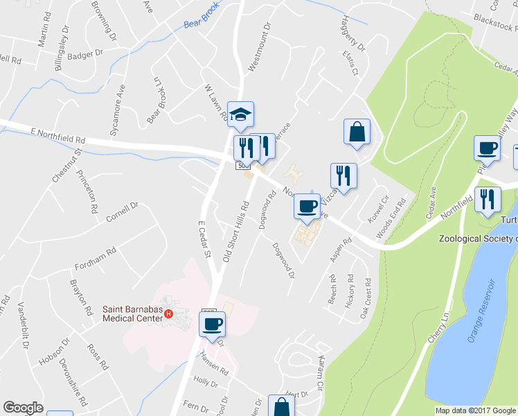 map of restaurants, bars, coffee shops, grocery stores, and more near 17 Dogwood Road in West Orange