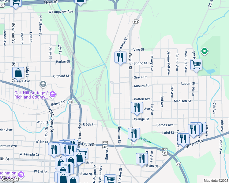 map of restaurants, bars, coffee shops, grocery stores, and more near 376 Buffalo Street in Mansfield