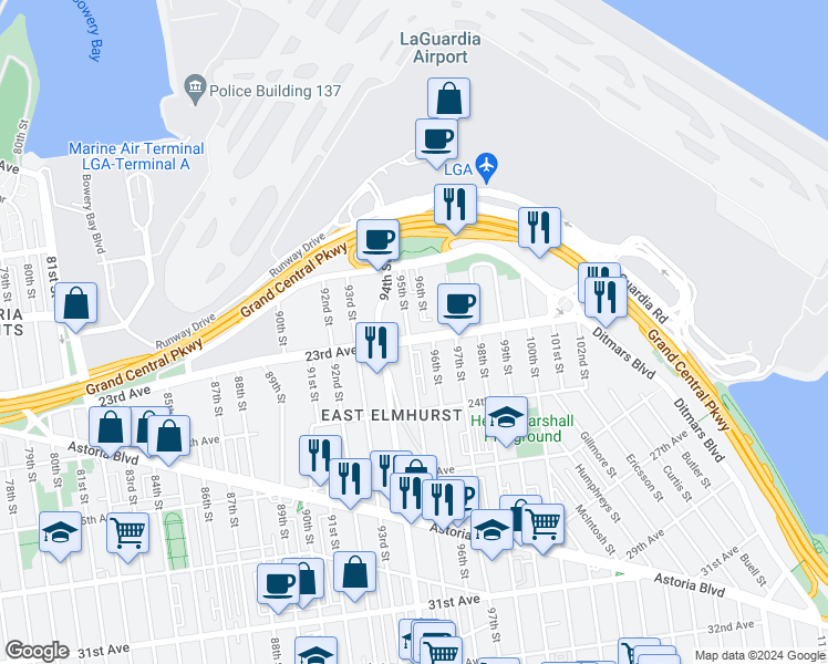 map of restaurants, bars, coffee shops, grocery stores, and more near 95-03 23rd Avenue in Queens