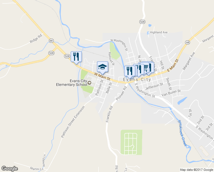 map of restaurants, bars, coffee shops, grocery stores, and more near 130 Belle Street in Evans City