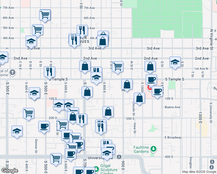 map of restaurants, bars, coffee shops, grocery stores, and more near 838 East South Temple Street in Salt Lake City