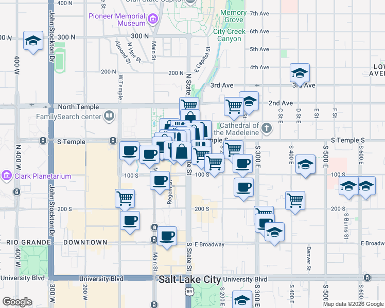 map of restaurants, bars, coffee shops, grocery stores, and more near 156-160 East South Temple Street in Salt Lake City