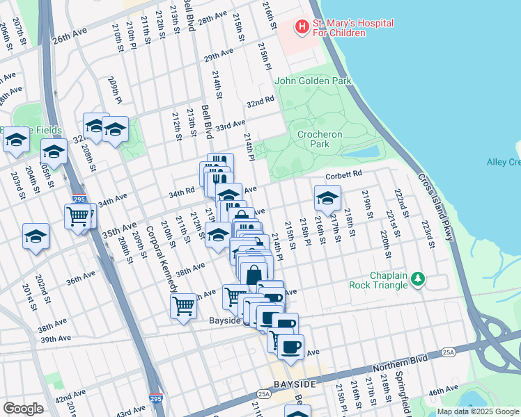 map of restaurants, bars, coffee shops, grocery stores, and more near 214-03 36th Avenue in Queens