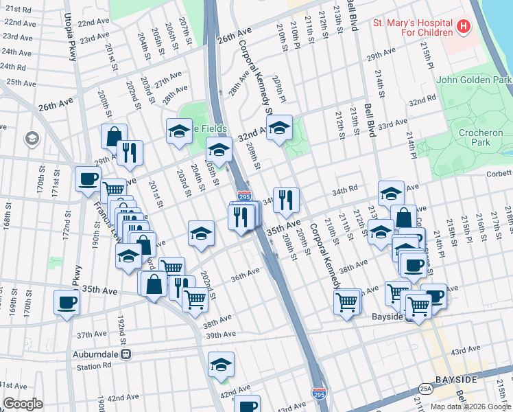 map of restaurants, bars, coffee shops, grocery stores, and more near 207-01 34th Avenue in Queens