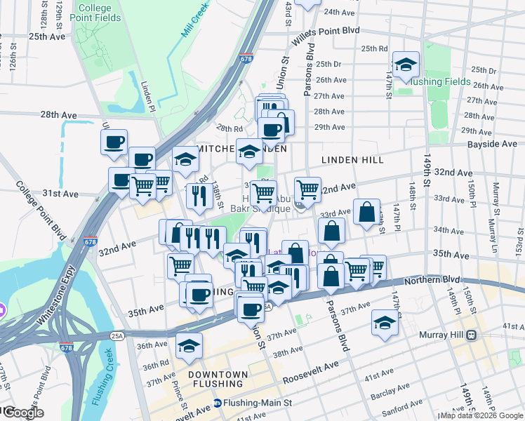 map of restaurants, bars, coffee shops, grocery stores, and more near 32-18 Union Street in Queens