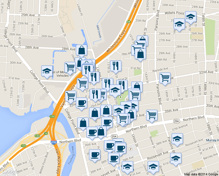map of restaurants, bars, coffee shops, grocery stores, and more near 31-36 137th Street in Queens