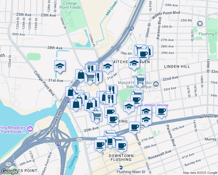 map of restaurants, bars, coffee shops, grocery stores, and more near 31-36 137th Street in Queens