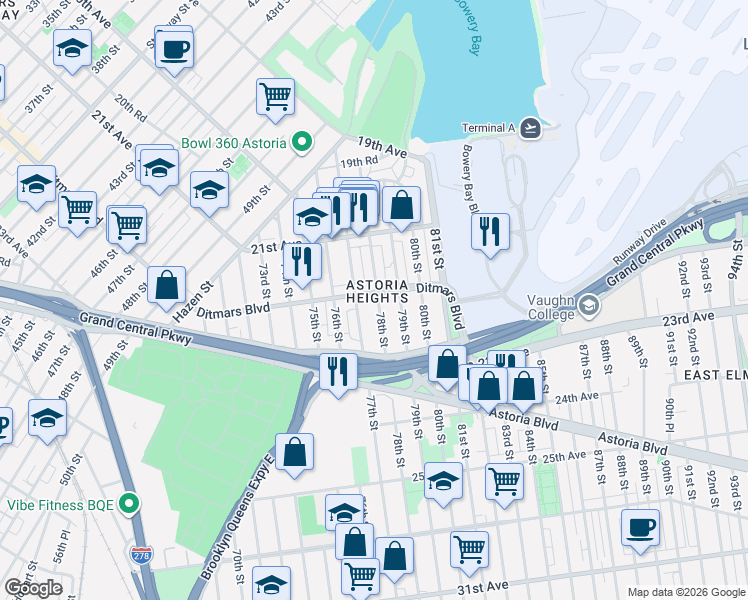 map of restaurants, bars, coffee shops, grocery stores, and more near in Queens