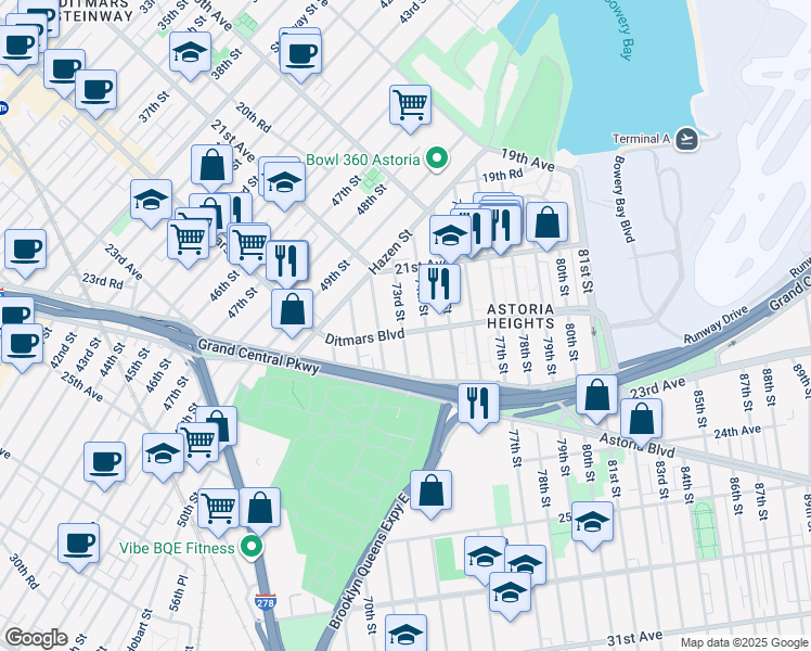 map of restaurants, bars, coffee shops, grocery stores, and more near 73-05 Ditmars Boulevard in Queens