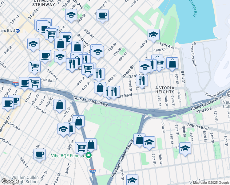 map of restaurants, bars, coffee shops, grocery stores, and more near 21-63 Hazen Street in Queens