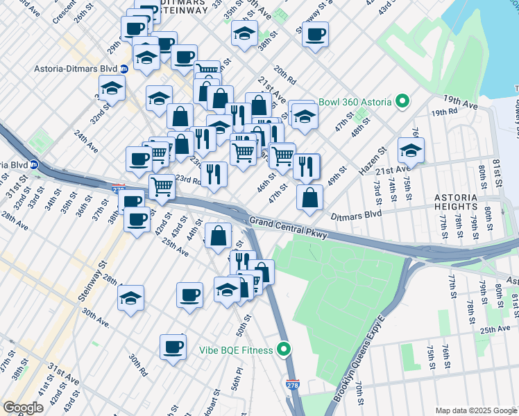 map of restaurants, bars, coffee shops, grocery stores, and more near 22-64 47th Street in Queens