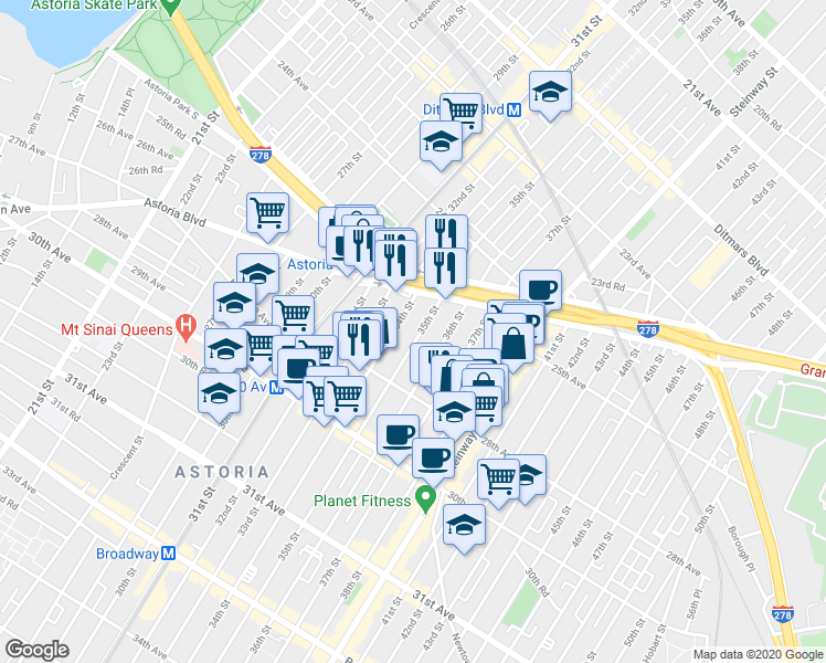 map of restaurants, bars, coffee shops, grocery stores, and more near 25-37 35th Street in Queens
