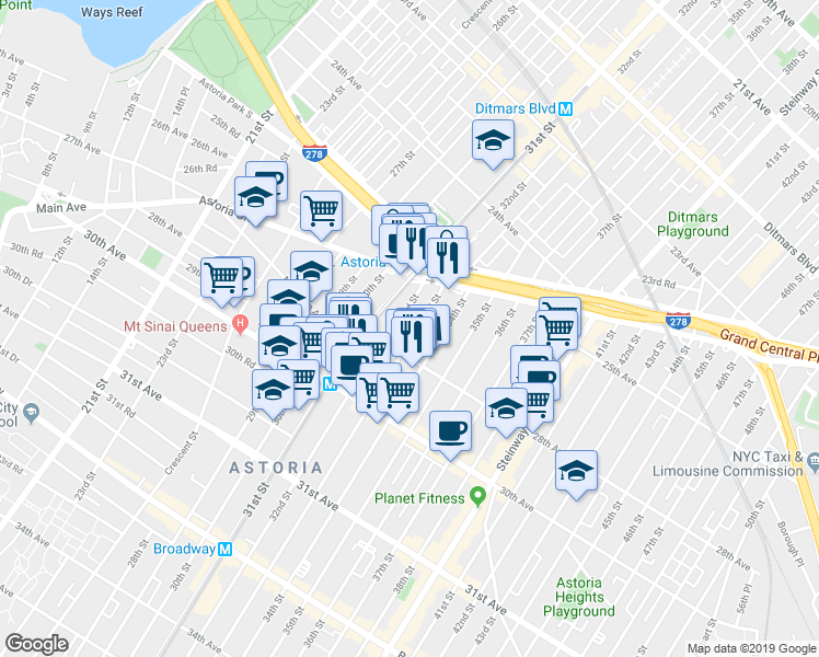 map of restaurants, bars, coffee shops, grocery stores, and more near 25-55 32nd Street in Queens