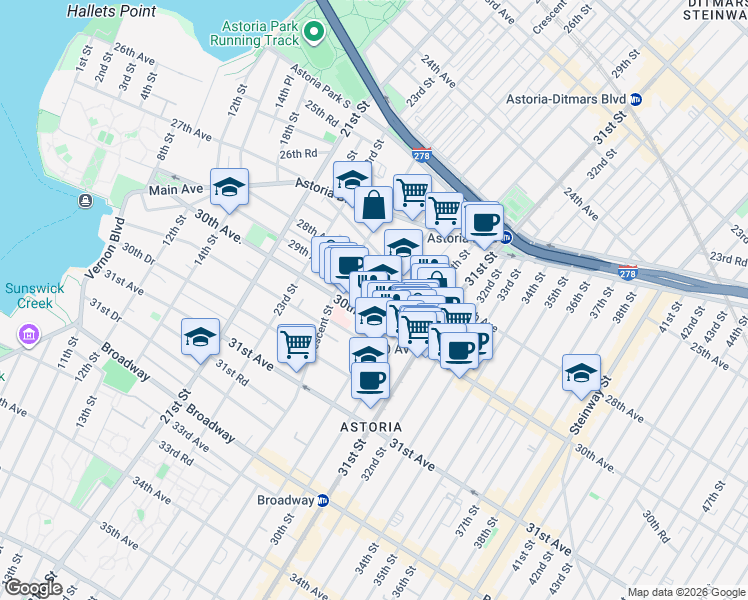 map of restaurants, bars, coffee shops, grocery stores, and more near 41-27 28th Avenue in Queens
