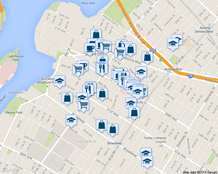 map of restaurants, bars, coffee shops, grocery stores, and more near 21-30 30th Road in Queens
